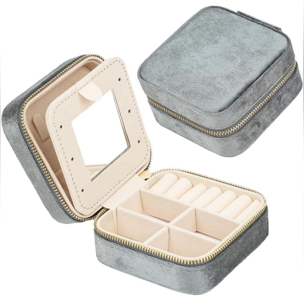Gray Velvet Mini  Jewelry Box with Mirror, 3 Storage Sections, & Zipper. NWT